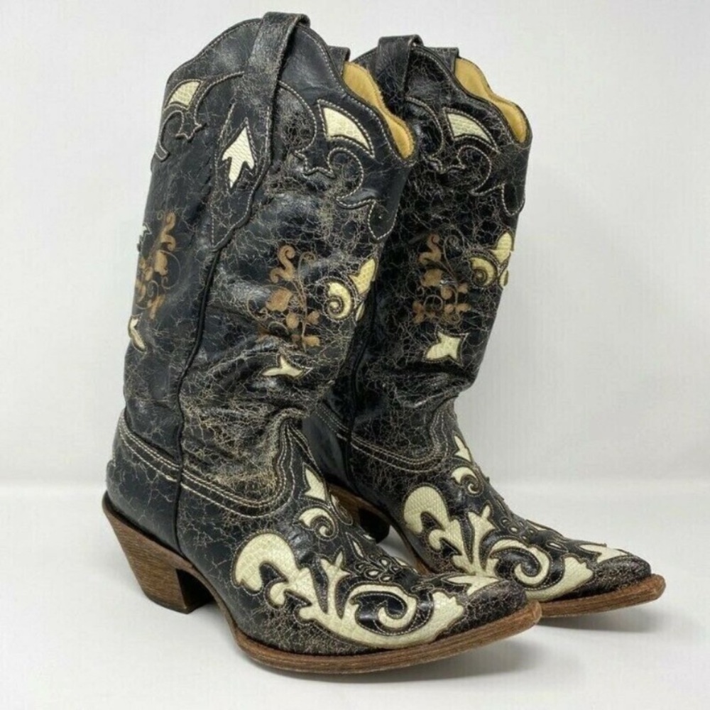 Corral vintage look Western Cowboy Boots Black Bone Lizard Overlay Leather 6